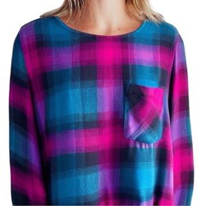 Cloth & Stone LaceUp Back Plaid Rayon Flannel Blouse Magenta Teal SzXS Pullover